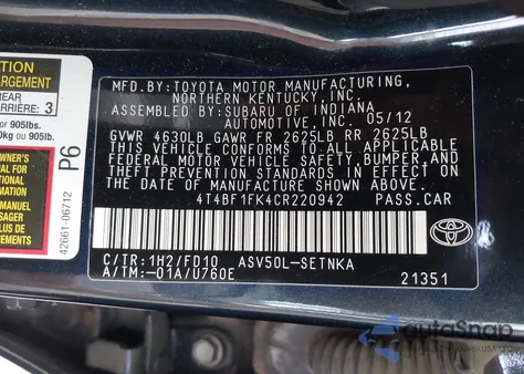 2012 Toyota Camry Le из США, поврежденный, VIN 4T4BF1FK4CR220942